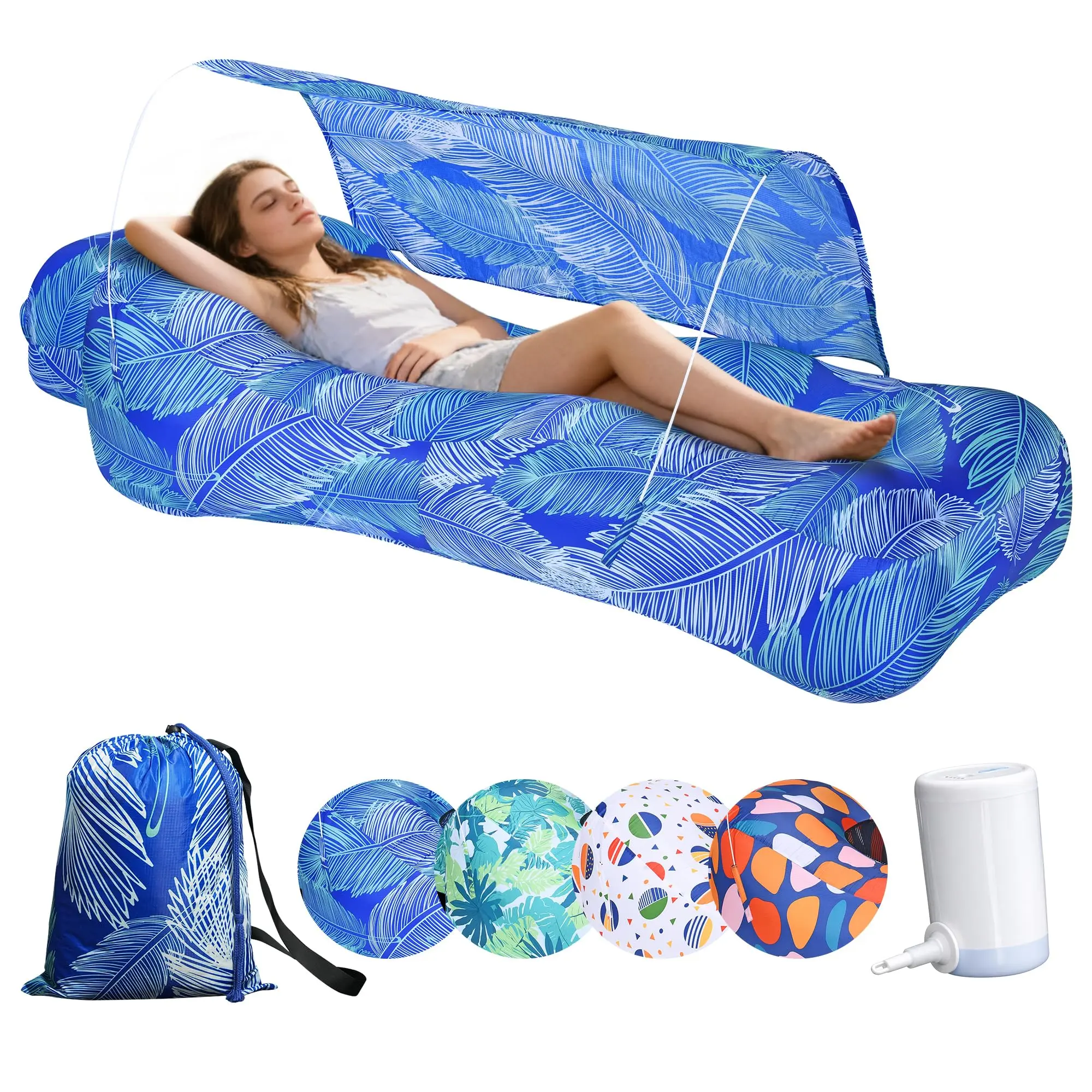 Lpxpass Single Seat Inflatable Air Couch - Ripstop Polyester Lounger with Sun Shade, Storage, 2 Inflation Ways, Included Pump for Outdoor Enthusiasts, Blue Feather, Inflate Easy for Beach Camping, Polyester Fiber, Stability Pegs