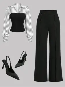 Women's Autumn New Casual Puff Sleeve Collar Striped Tunic Top, Relaxed Fit Elastic Waist Wide Leg Pants Set for Commuting & Daily Wear