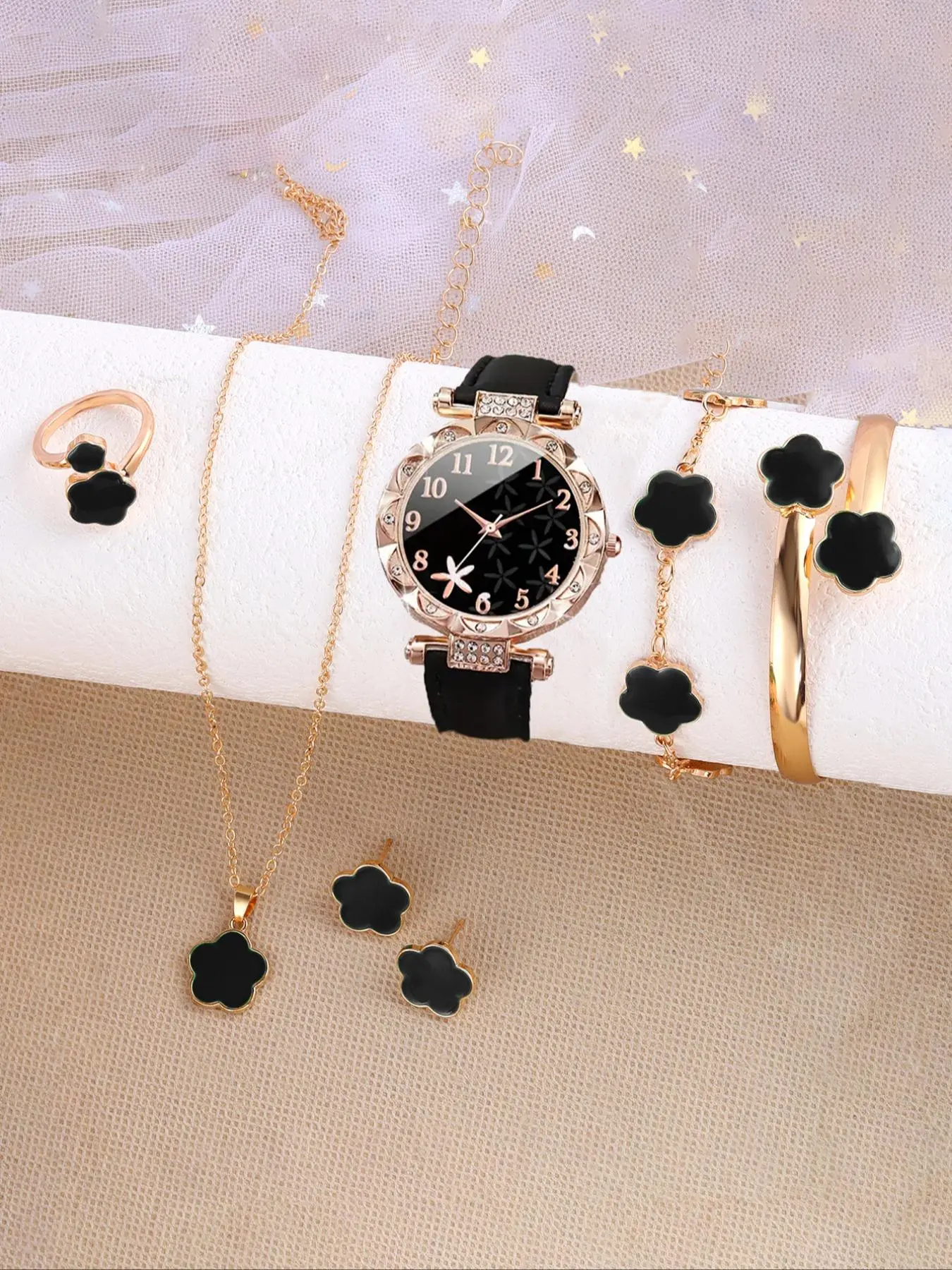 Women's Elegant Quartz Watch &, Including Round Dial Watch & Ring & Stud Earrings & Pendant Necklace & Bracelet, Fashion Watch Set, Trendy Jewelry Set, Fashionable Jewelry Set, Matching Jewelry Set for Women As Gift, Jewellery Gift Set
