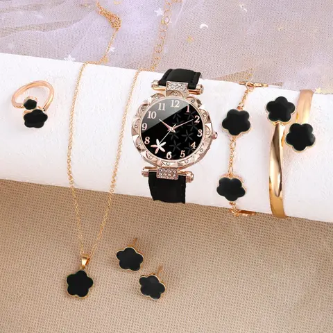 Women's Elegant Quartz Watch &, Including Round Dial Watch & Ring & Stud Earrings & Pendant Necklace & Bracelet, Fashion Watch Set, Trendy Jewelry Set, Fashionable Jewelry Set, Matching Jewelry Set for Women As Gift, Jewellery Gift Set