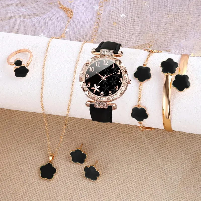 Women's Elegant Quartz Watch &, Including Round Dial Watch & Ring & Stud Earrings & Pendant Necklace & Bracelet, Fashion Watch Set, Trendy Jewelry Set, Fashionable Jewelry Set, Matching Jewelry Set for Women As Gift, Jewellery Gift Set