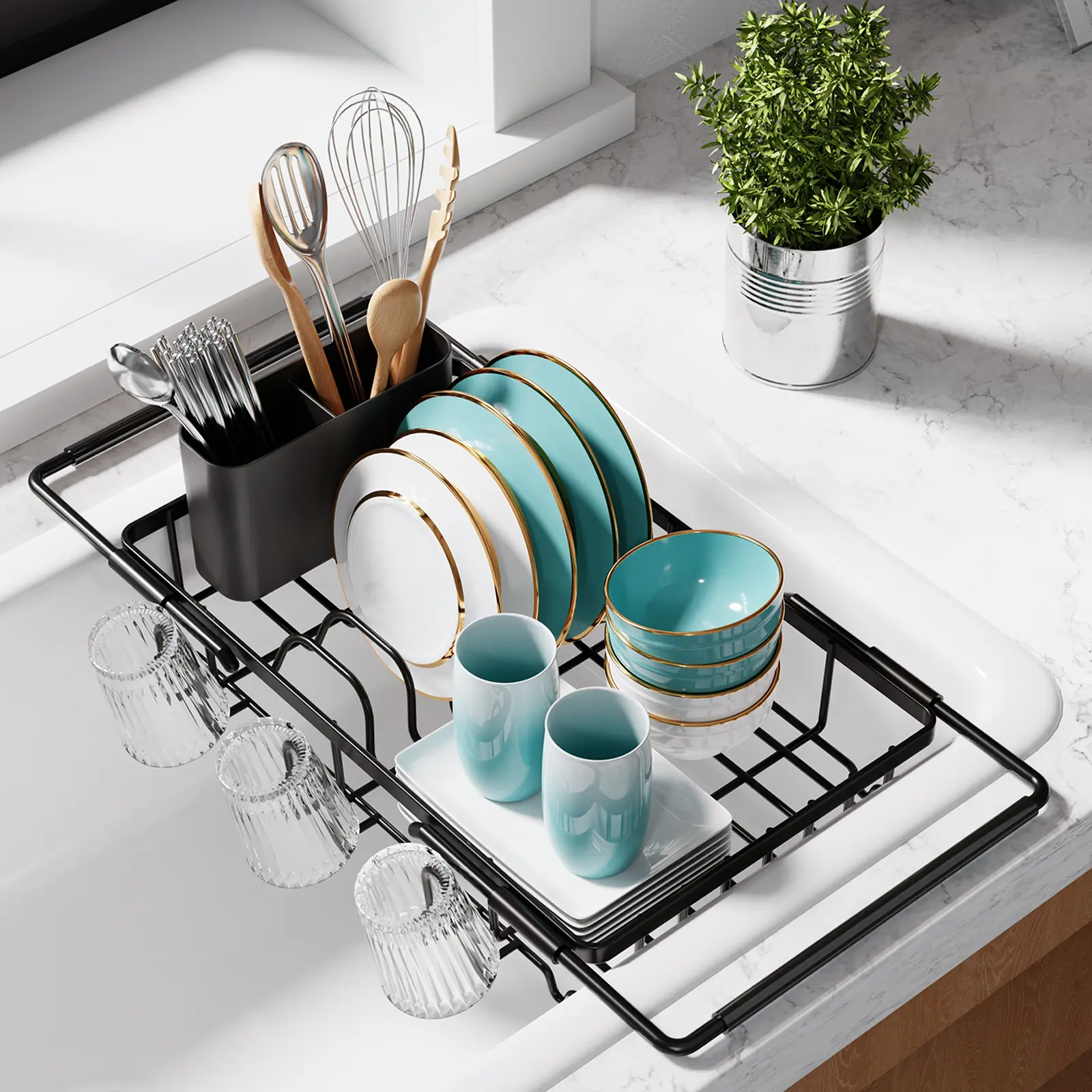 Compact 1-Layer Metal Dish Rack for Daily Use, Rectangle Kitchen Sink Organizer, Space-Saving Sink-Side Drying Solution Without Drain Tray, Black