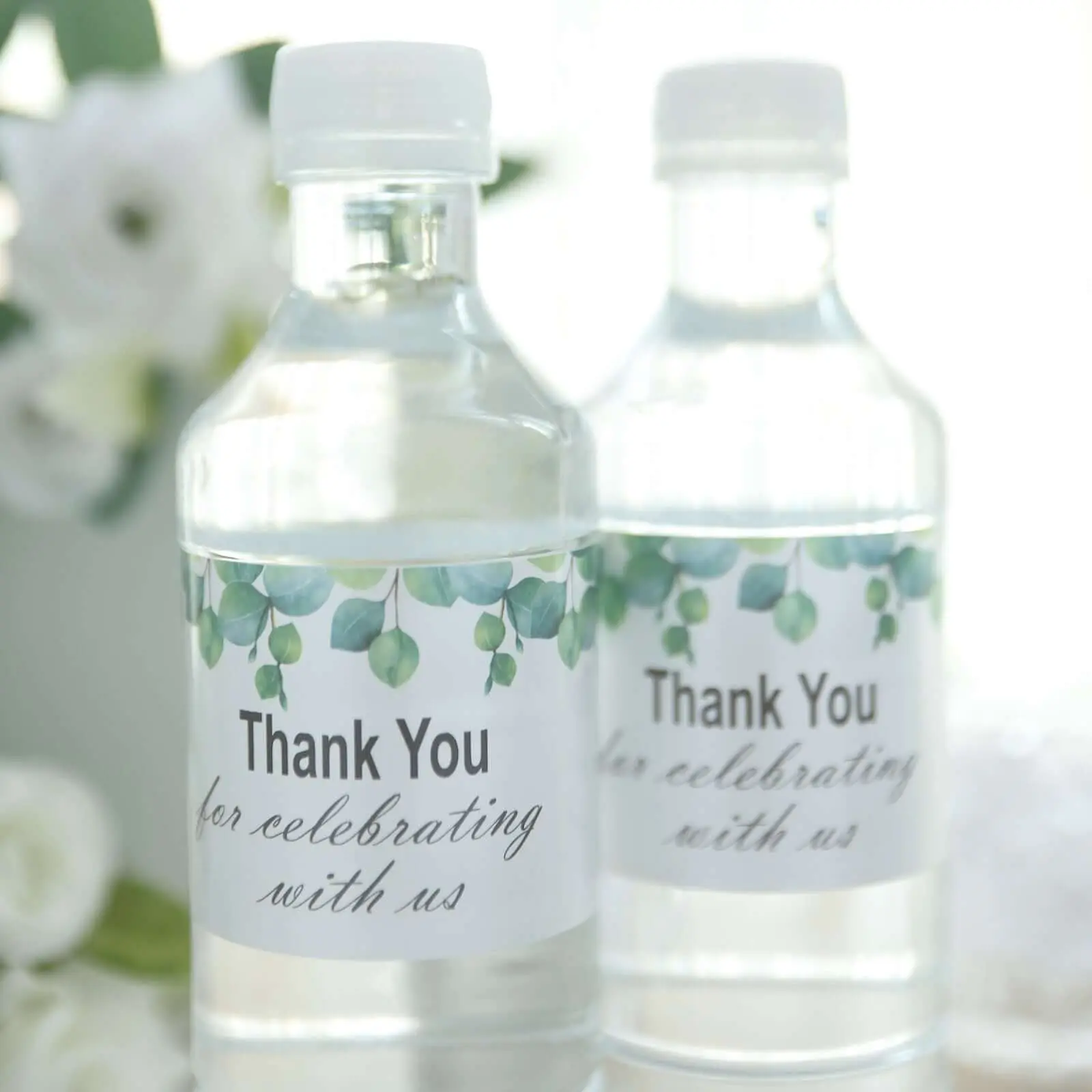 24-Pack White/Green Leaf-Design Waterproof Water Bottle Labels, "Thank You" Party Stickers for Wedding Favors, Table Decoration, Birthday Party Favors, Many Surfaces & Bottles/Jars (Office Stationery Supplies)