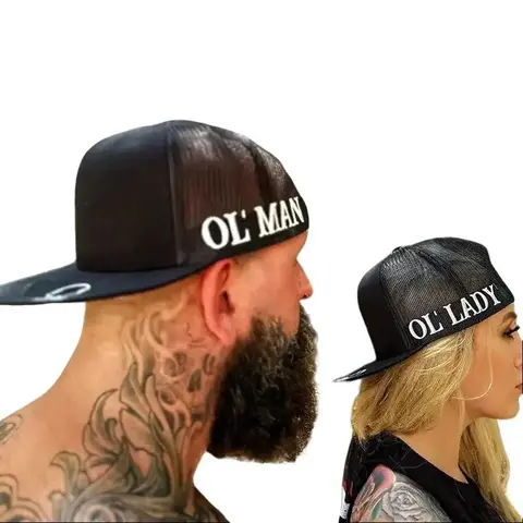 Women's THE OUTLAW DUO Adjustable Snapback Trucker Inspired Cotton Baseball Cap - Black with White Print, Flat Bill, Lightweight Mesh Back, Bold Detail, Standout Side Graphic, One Size, Stretch Fit, Spot Clean, Everyday Casual Streetwear Accessory