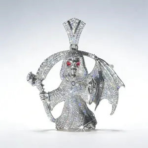 2347  Iced Out Demon Peace Sign Pendant | Hip-Hop Bling Jewelry | Red-Eyed Devil Streetwear Charm | Urban Statement Piece | Edgy Punk Rap Accessory Cubic Zirconia Decor Glitter Zircon Decor Complimentary shipping