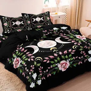 3pcs Mystical Floral And Celestial Design Bedding Se,Pink Roses And Crescent Moon Digital Printing Duvet Cover,(Including 1 Duvet Cover & 2 Pillowcases,No Core),Bedding Set For Home Bedroom Hotel