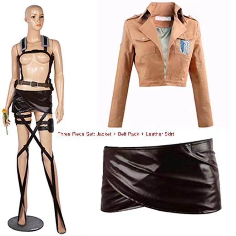 Anime Attack on Titan Cosplay Shingeki no Kyojin Jacket Recon Corps Leather Skirt Hookshot Belts Suspenders Ackerman Costume