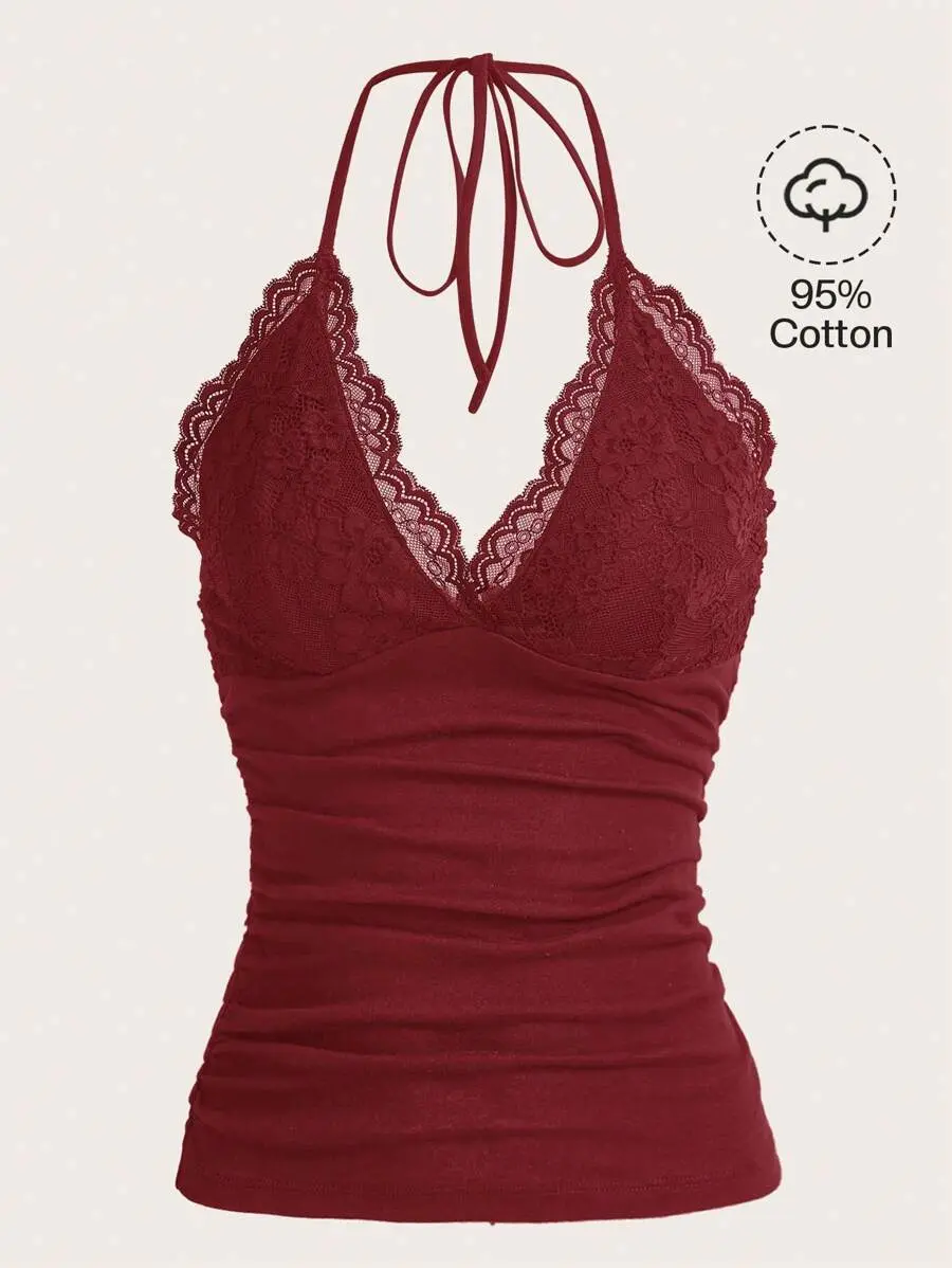 Glamine PUNK Contrast Lace Ruched Halter Top