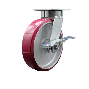 Heavy Duty Kingpinless Swivel Top Plate Caster with Side Lock Brake and 8 Inch Polyurethane on Aluminum Wheel with Ball Bearings - 1,250 lbs. Capacity/Caster - Service Caster Brand