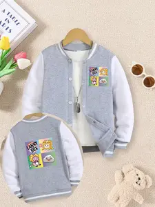 Lankybox Gradient Four-Panel Cartoon Print Boys' And Girls' Spring/Autumn New Style Cool Baseball Jacket Sweater Coat, Fashionable, Casual, Comfortable, Daily Outdoor Versatile Top, Ideal Gift Choice