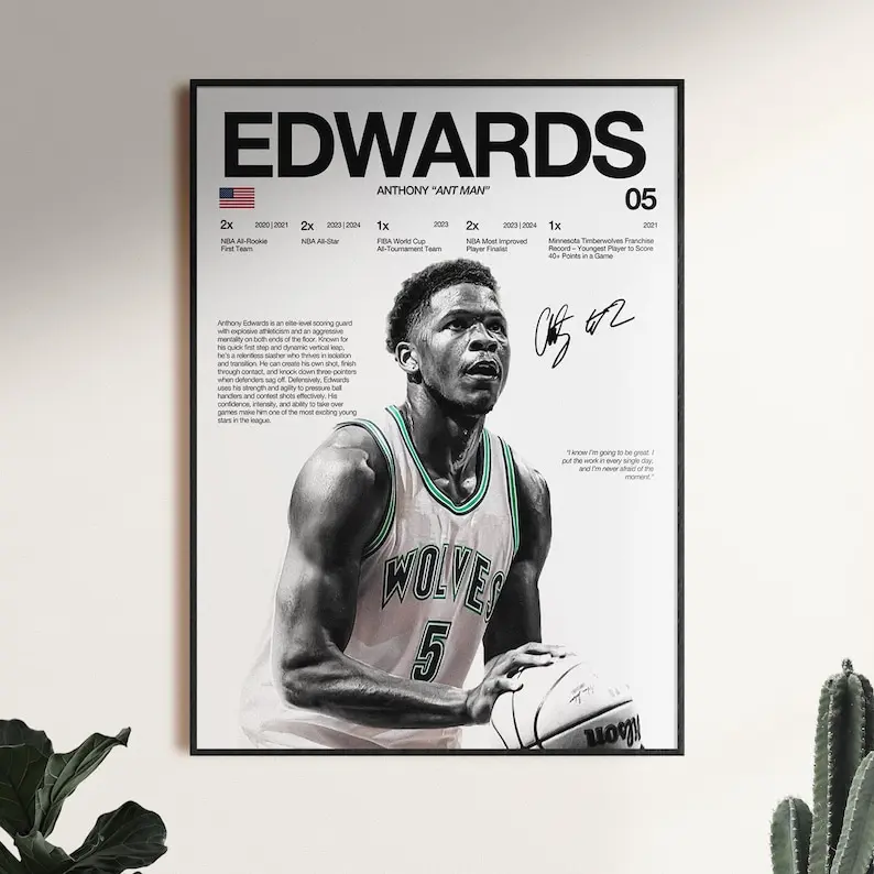 Anthony Edwards Poster, Basketball Wall Art, Athlete Print, Sports Room Decor, Gift for Fans Artwork (Frame Not Included)