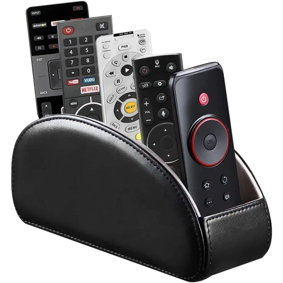 PU Leather Remote Control Holder with 5 Compartments - Storage Tray & Desktop Organizer for TV Remotes,Glasses,Pens,Accessories - Space-Saving Design for Bedside Table & Office Desk (Black)
