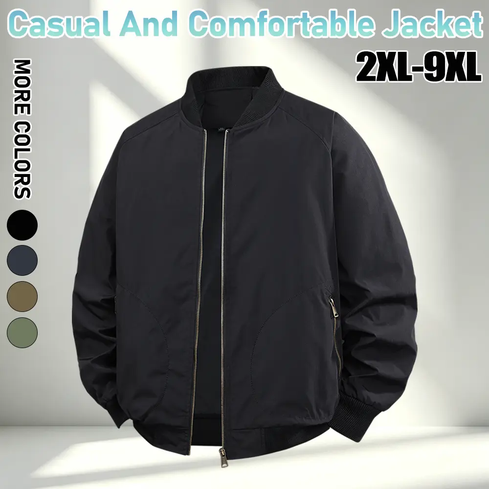 【2XL–9XL】Plus size men’s baseball collar jacket, loose casual solid color zip up outerwear, generously sized for larger builds, ribbed collar and hem cuffs, side zipper pockets, a simple, versatile everyday jacket suitable for city outings, walking, shopp