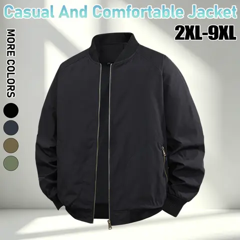 【2XL–9XL】Plus size men’s baseball collar jacket, loose casual solid color zip up outerwear, generously sized for larger builds, ribbed collar and hem cuffs, side zipper pockets, a simple, versatile everyday jacket suitable for city outings, walking, shopp