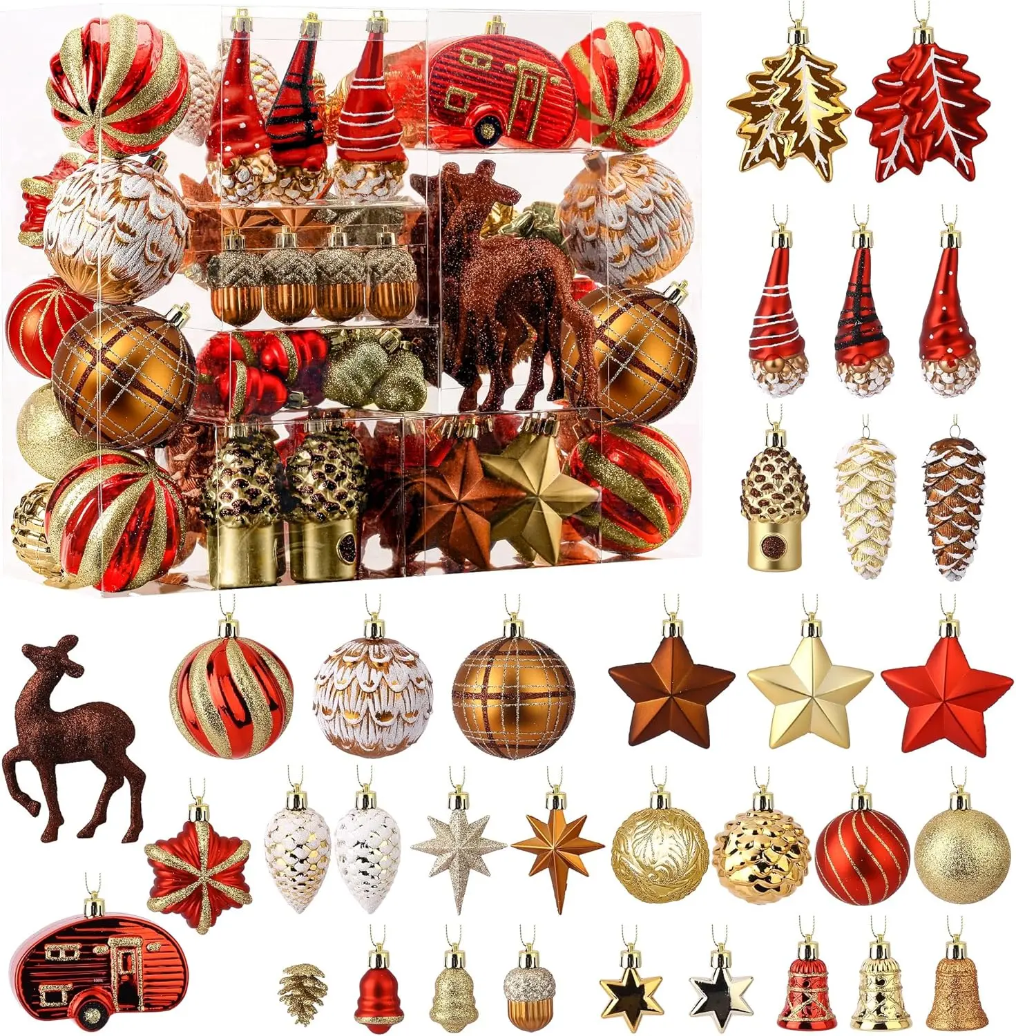 103pcs Christmas Balls Ornaments Set, Gnome Christmas Tree Decorations with Hanging Strings, Shatterproof Plastic Baubles for Xmas Tree Holiday Wedding Party Decorations, Red, Bronze and Gold