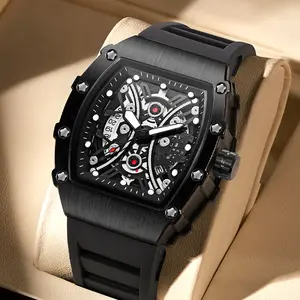 Men's Red Carbon Fiber Skeleton Tonneau Watch, Black Silicone Band, Sporty Quartz Wristwatch