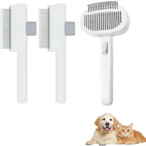 3 in 1 Self Cleaning Pet Grooming Kit Slicker Brush & Flea Comb & Dematting Comb for Dogs and Cats Deshedding Tool for Long & Short Haired Pets White