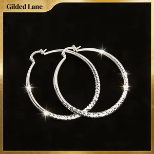 Women's Hoops & Loops 925 Silver Diamond-Cutting Hoop Shape Earrings - 50mm Statement, Round, Open Circle Design for Engagement, Anniversary Gifts, Statement Hoops Earrings