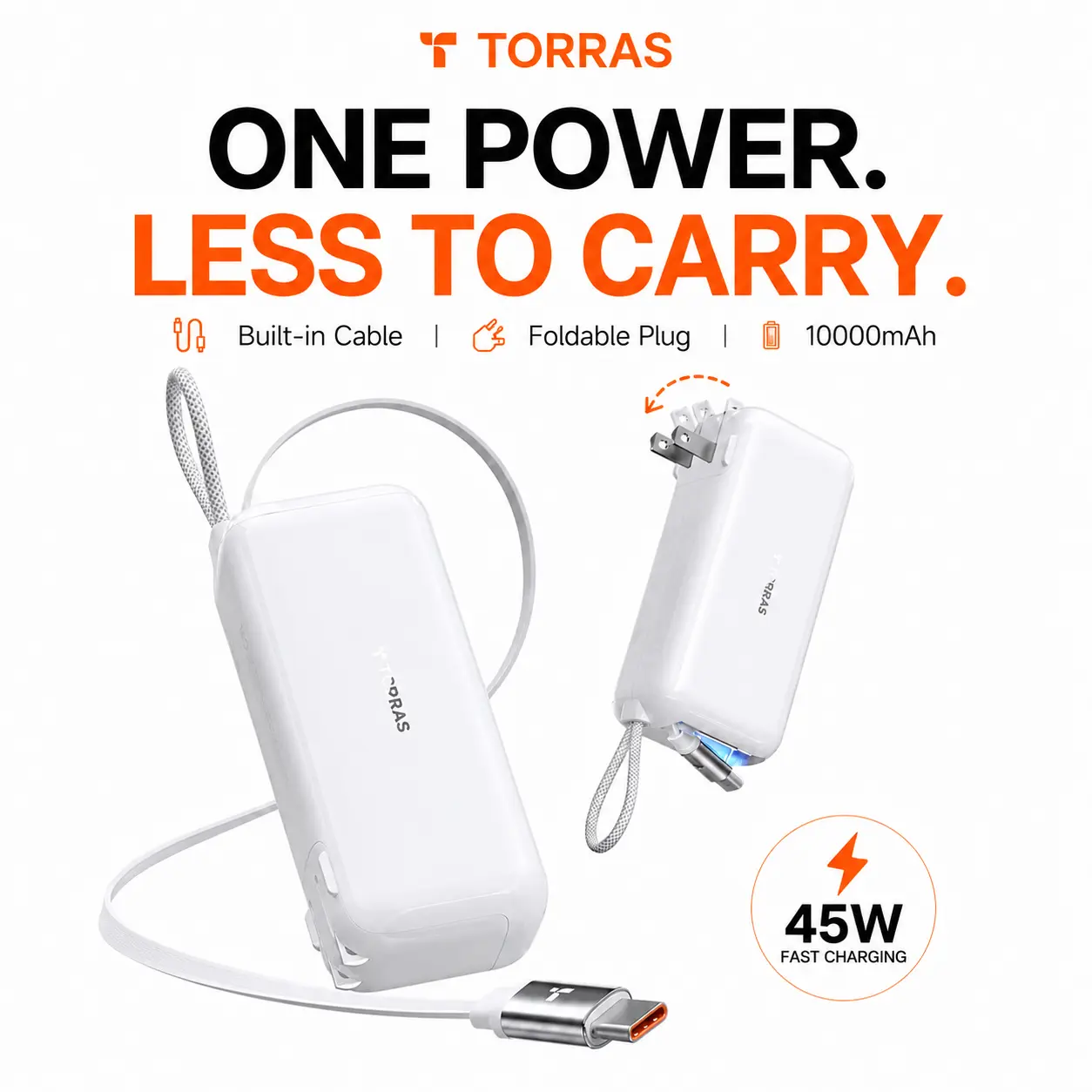 TORRAS EasyGo Portable Charger 10000mAh, 45W Fast Charging Power Bank with Built-in Retractable USB-C Cable and Foldable Plug, 3-in-1 Travel Charger Battery Pack for iPhone 16 15 Pro Max, Samsung Galaxy, iPad, MacBook, AirPods, Compac