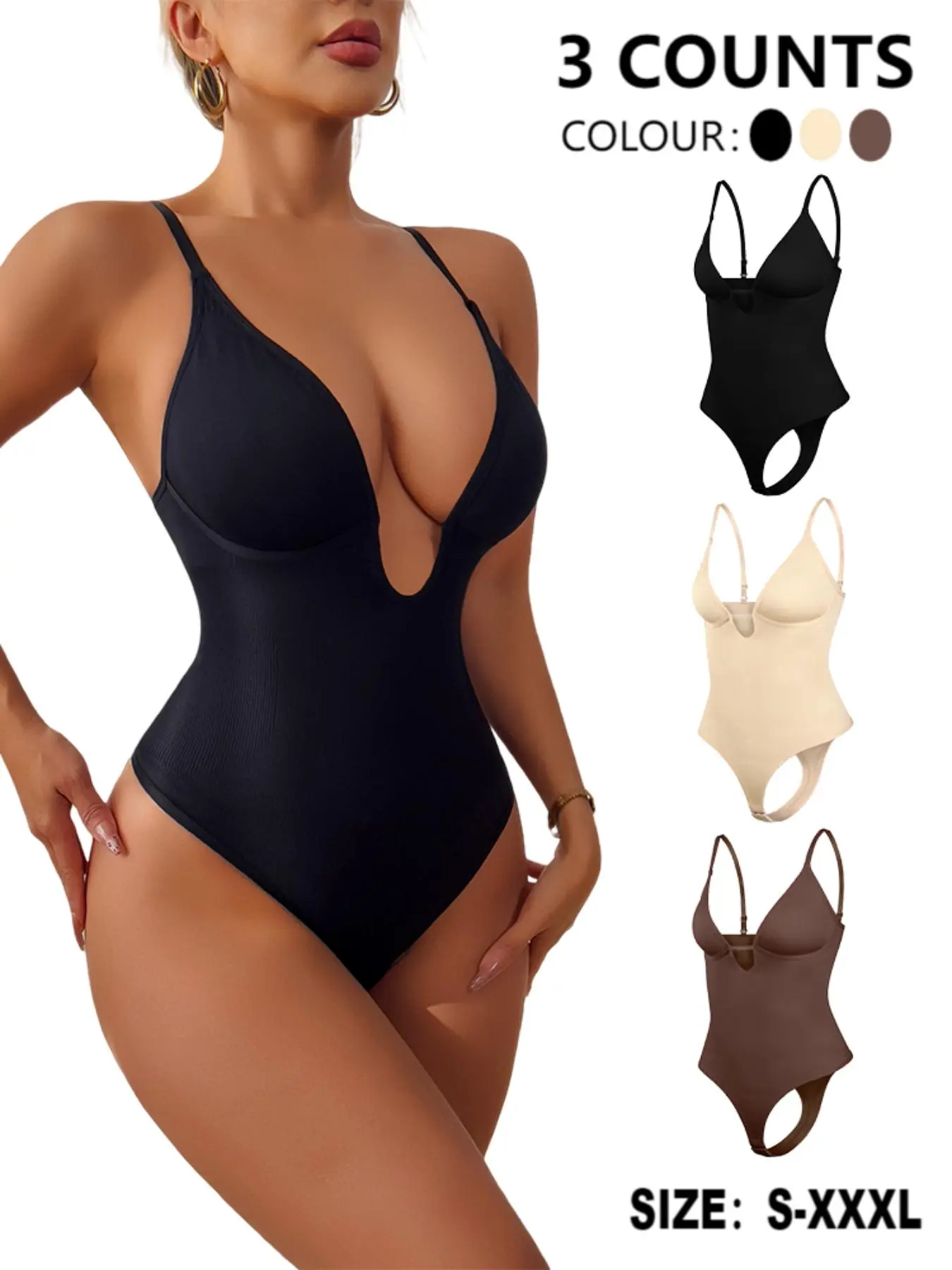 Women's Solid Basic V Neck Seamless Fashion Shapewear Bodysuit, Tummy Control Butt Lifting Shaper, Women's Shapewear for Daily Wear, Body Sculpting Compression, Underwear, Womenswear