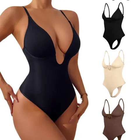 Women's Solid Basic V Neck Seamless Fashion Shapewear Bodysuit, Tummy Control Butt Lifting Shaper, Women's Shapewear for Daily Wear, Body Sculpting Compression, Underwear, Womenswear, Faja Shapewear Bodysuit