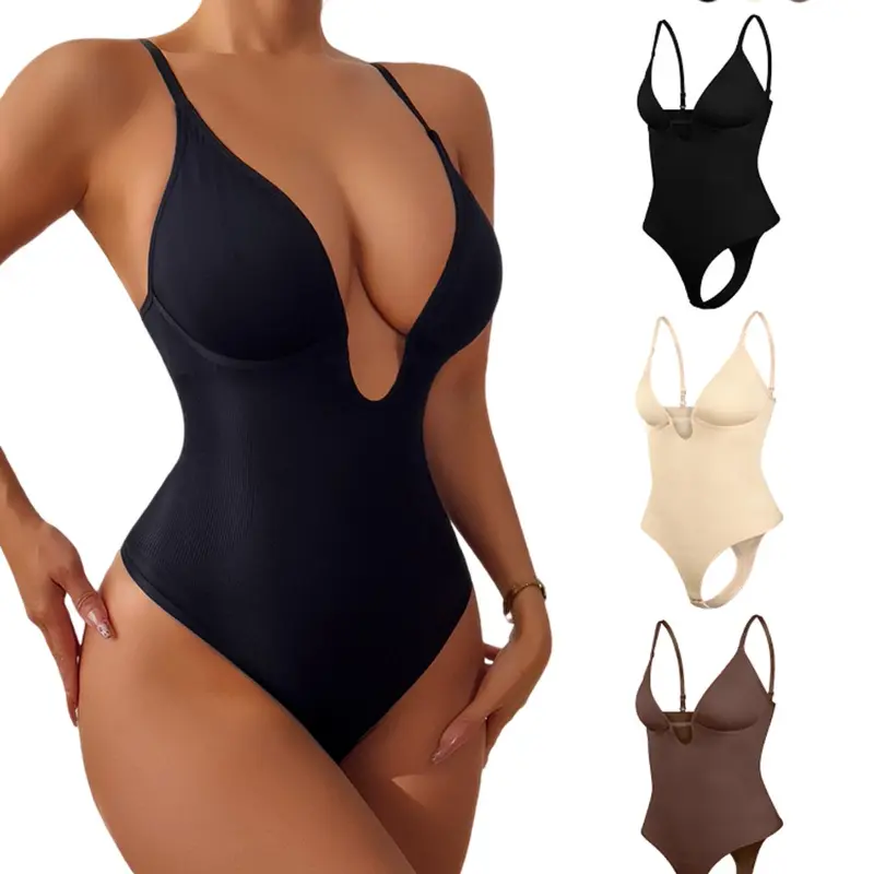 Women's Solid Basic V Neck Seamless Fashion Shapewear Bodysuit, Tummy Control Butt Lifting Shaper, Women's Shapewear for Daily Wear, Body Sculpting Compression, Underwear, Womenswear, Faja Shapewear Bodysuit