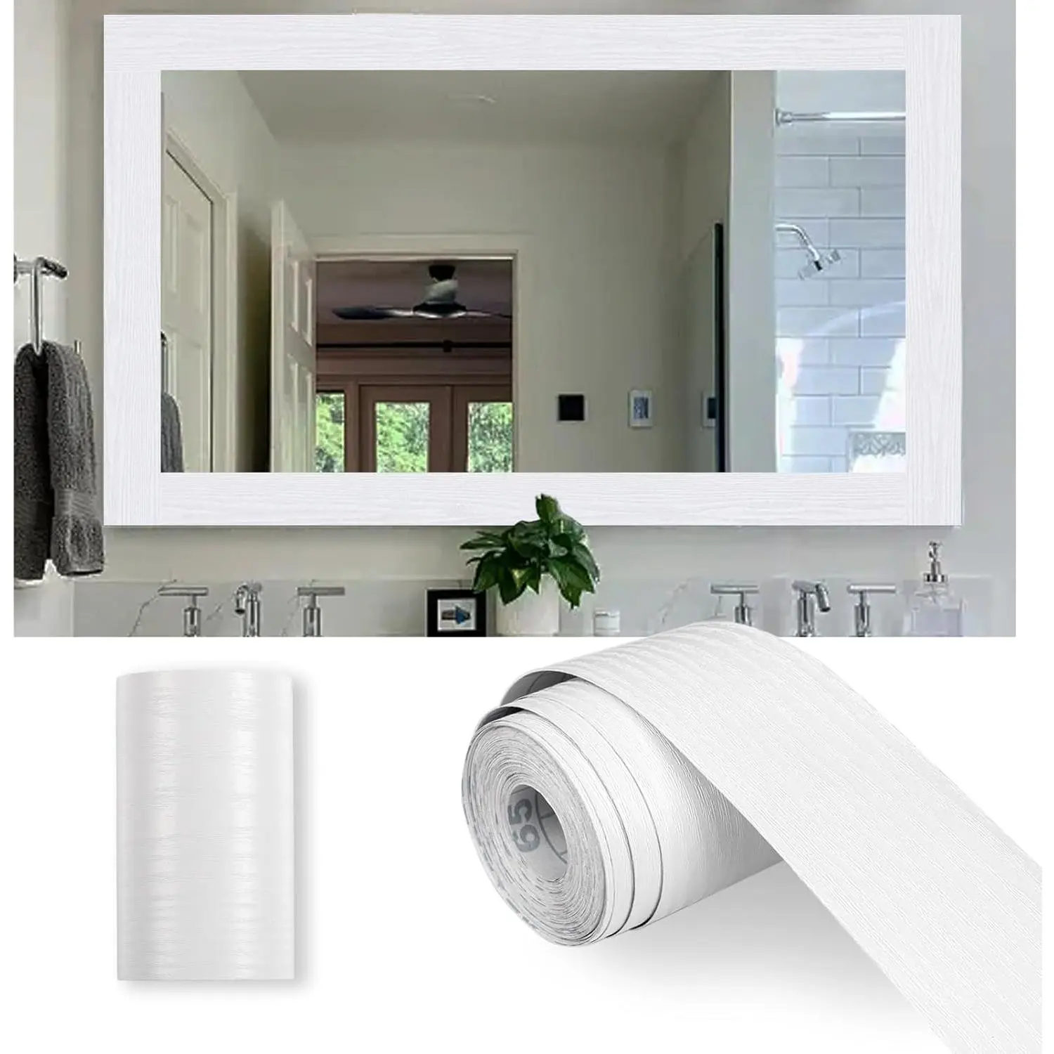 10M White  Grain Mirror Frame Border Peel and Stick Wallpaper, Removable PVC  Bathroom Mirror Tape Sticker Trim, Kitchen Wallpaper Self Adhesive Decor Sticker 3.93" x 393"