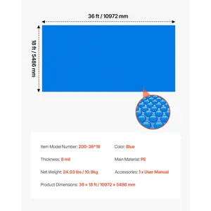 VEVOR Solar Pool Cover, 36x 18 ft Rectangle Pool Bubble Cover, 8 Mil Pools Solar Blanket with Bubble PE Material, Daytime Heat Absorption, Nighttime Heat Retention, Heat Retaining Solars Covers, Blue