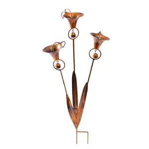 Garden Stake with Bells Soft Wind Chime Common Callalily Design Flamed Copper Finish Weather-Resistant Metal Garden Stake Outdoor Decor