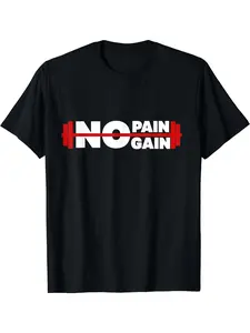 Men's NO PAIN GAIN Motivational Gym T-Shirt - 100% Cotton 180gsm Regular Fit Workout Tee with Barbell & Weightlifting Design, Machine Washable Suitable for Fitness Training, Casual Wear, Urban Style, Soft Texture for Active Men's Apparel, PLUS SIZE