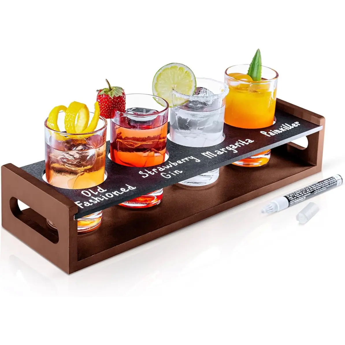 KSESTOR Wood Drink Flight Board with 4 Glasses & Chalkboard - Mimosa Tasting Server, Bartesian Ready for Beer, Whiskey Flights