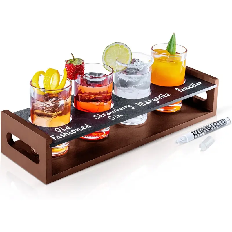 KSESTOR Wood Drink Flight Board with 4 Glasses & Chalkboard - Mimosa Tasting Server for Beer, Whiskey & Bartesian Cocktail Flights