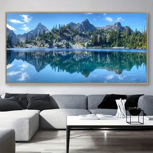 60in x 40in 1pc Unframed Canvas Wall Art - Majestic Mountain Lake Scene with Vibrant Blue Waters, Snow-Capped Peaks, and Lush Forests, Modern Home Decor for Living Room, Bedroom, Office, or Cafe, Living Room Decor |   Naturalistic Style |   Detailed Artwo