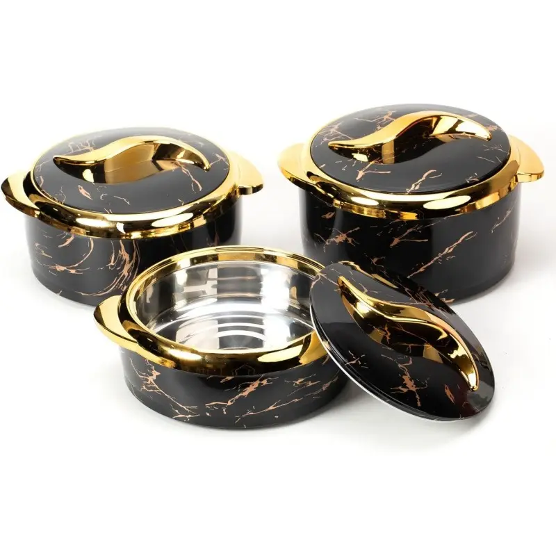 Luxury Black Marble Insulated Casserole Set (3-Piece) – Elegant Gold-Trimmed Hot Pot Serving Bowls with Stainless Steel Interior – Thermal Food Warmers for Dinner Parties, Holidays & Gifting – Prestige Collection