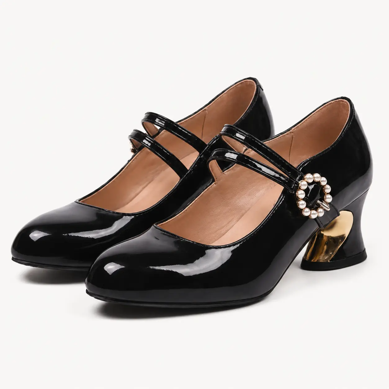 GeeYea women’s Black Patent Mary Jane Heels, Round Toe Double Strap High Heel Shoes with Pearl Buckle Detail, Synthetic Leather Lining & Rubber Sole, Elegant Office, Date Night & Party Shoes