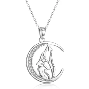 Wolf Pendant Necklace 925 Sterling Silver Cubic Zirconia Wolf Moon Necklace 18 Inch Birthday Jewelry for Girlfriend Wife