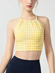 Women's Sporty Tank Top with Padded Bra, Plaid Pattern, Short Sleeve, Without Collar, Ideal for Yoga & Exercise