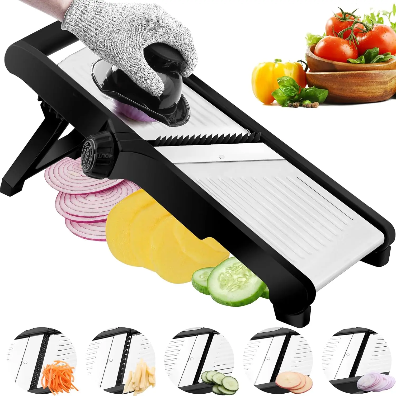 Stainless Steel Blade Mandolin Vegetable Slicer Chopper - Adjustable Julienne Cutter, Cut-Resistant Gloves, Safety Guards, 9mm Settings, Foldable, Reduces Slicing Risk, Saves Potato Prep Time, Black Kitchen Use Utensil