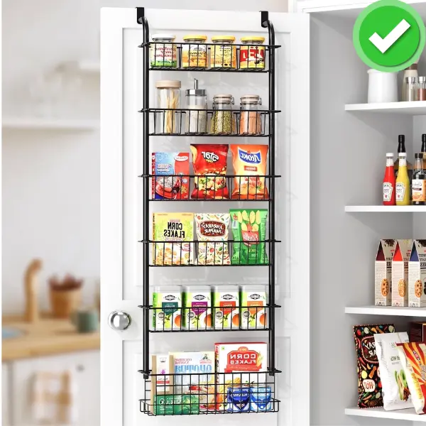 6-tier stainless steel kitchen utensil rack, door-mounted.