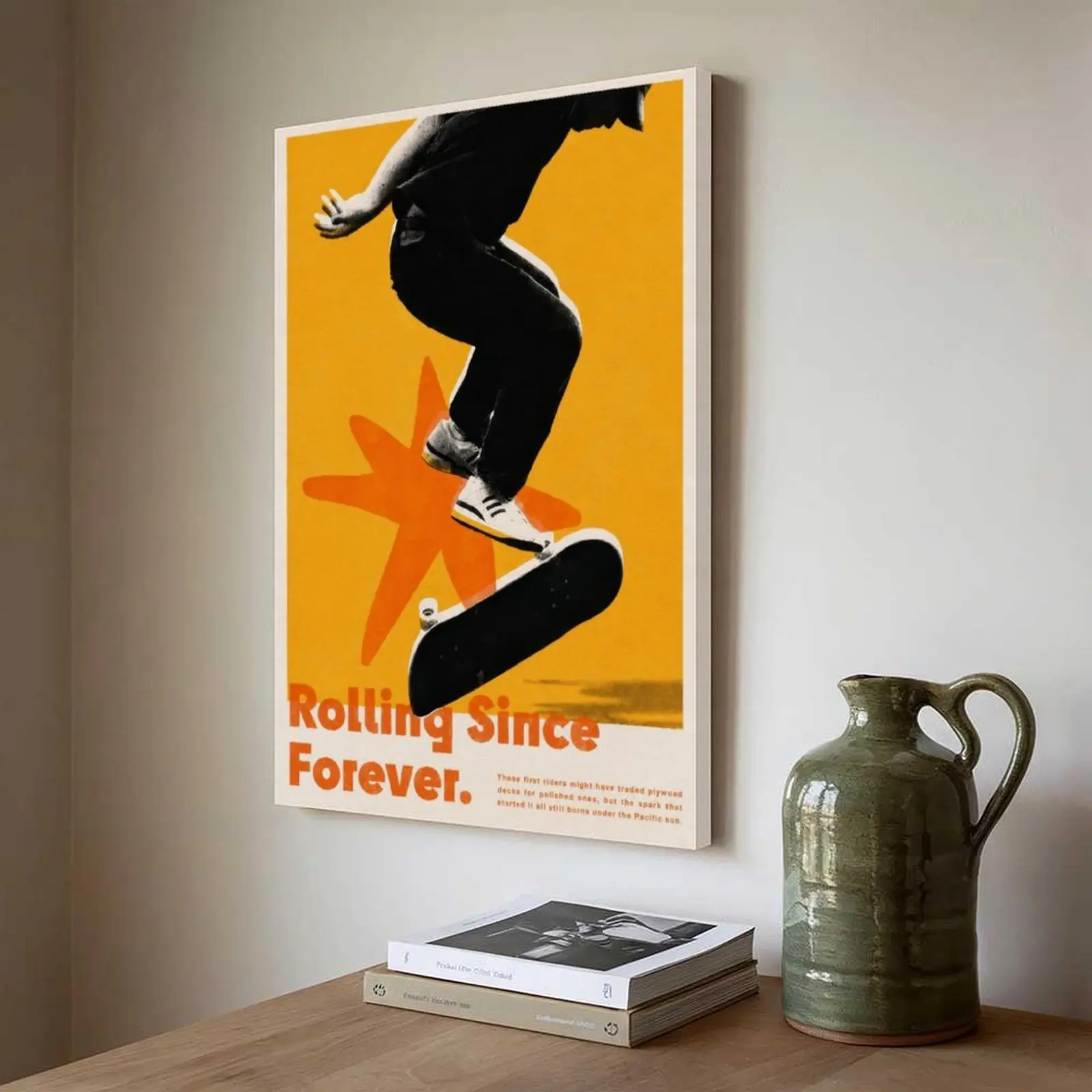 Rolling Since Forever skate canvas print, retro kickflip skater wall poster, street skate decor for skate shop, teen bedroom, dormitory