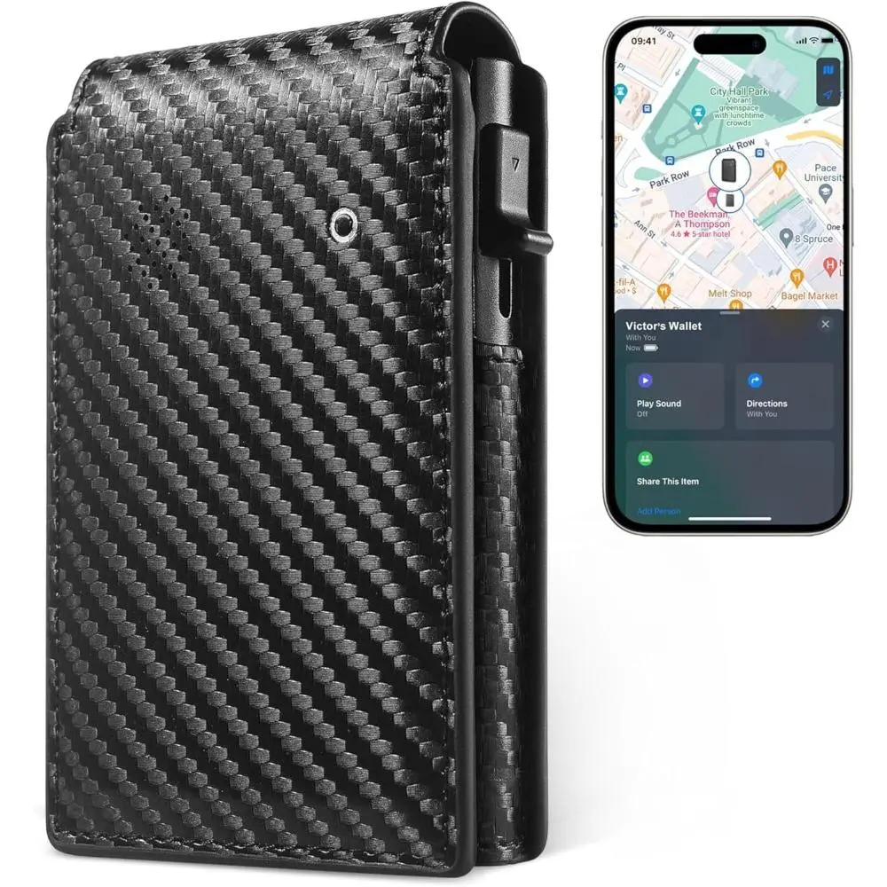 Auskang FindWallet+ with Smart Tracker Works for Find My App, Credit Card Holder Leather Slim Minimalist RFID Blocking Smart Wallet for Men with Money Clip (Black) pink multifunctional travel passport