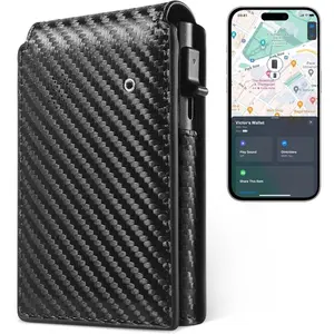 Auskang FindWallet+ with Smart Tracker Works for Find My App, Credit Card Holder Leather Slim Minimalist RFID Blocking Smart Wallet for Men with Money Clip (Black) pink multifunctional travel passport