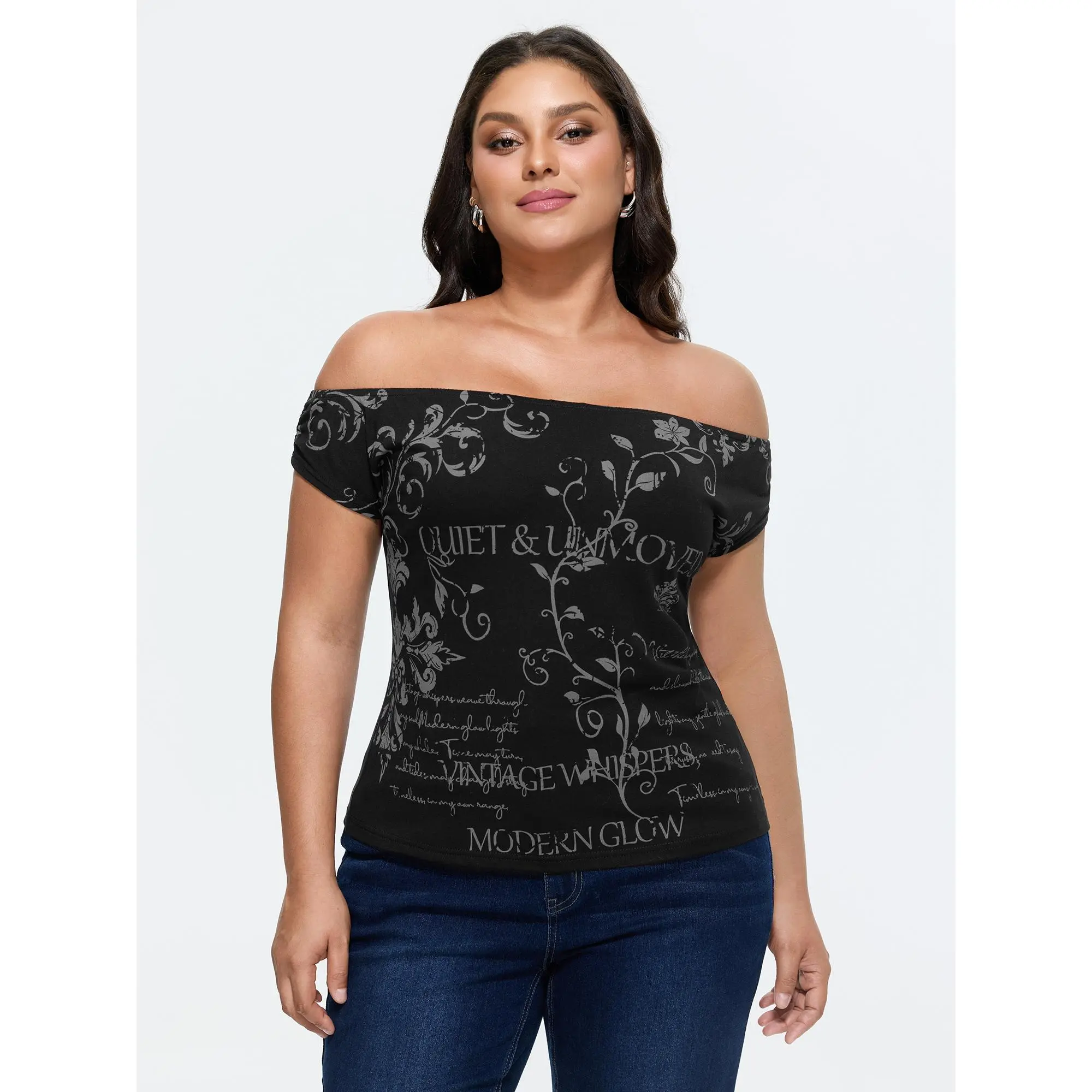 BloomChic Plus Size Women's Off-Shoulder Cropped T-Shirt - Casual Floral Art Print Garment, 95% Cotton 5% Spandex Stretch Fabric, Flattering Fit Cold Shoulder Top, Crop Tops For Women, Short Length, Cap Sleeve, 5% Spandex, 95% Cotton