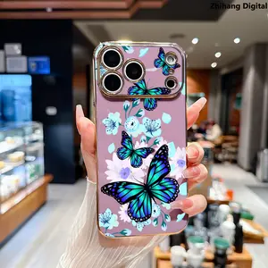 Blue Butterfly Flowers Soft TPU Phone Case for iPhone 17 Pro Max 17Air 16 Plus 15 14 13 12 11 Electroplating TPU Anti-Slip Bumper Shockproof Cover Gift