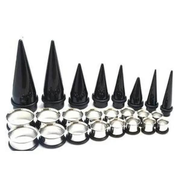 Ear Stretching Kit 24 Pc 00g - 1" Acrylic Tapers & Surgical Steel Tunnels Black White Mix O-Rings Safe Comfortable Ear Stretching Tool Body Jewelry Kit