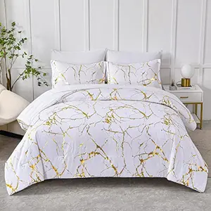 Gold Metallic Marble King Size Comforter Set, 7 Piece Bed in a Bag, Foil Print Glitter White Comforter and Sheet Set, All Season Soft Microfiber Complete Bedding Sets (White, King)
