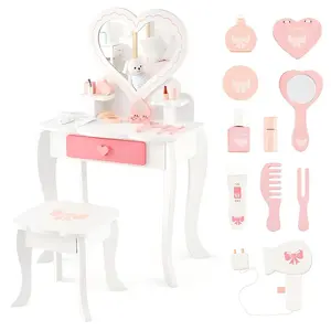 Costzon Kids Vanity Set with Mirror, Princess Makeup Dressing Table & Stool Set, Toddler Vanity w/Accessories, Drawer, Storage Shelves, Pretend Play Vanity Table and Chair Set for Little Girls