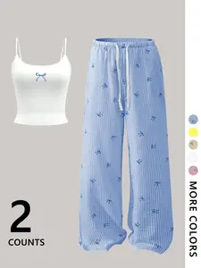 Women's Casual Fashion Knit Set, Bow Print Crop Top & Wide Leg Pants, Comfortable Home Wear for Vacation Travel Airport