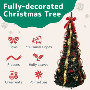 6 ft Fully Decorated Christmas Tree, Gold and Red Collapsible Christmas Tree with 350 Warm Lights, Bows, Pop Up with Lights.