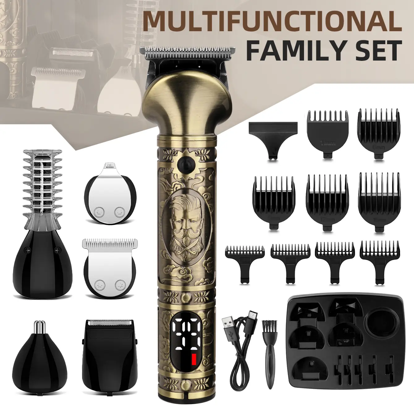 KIKIDO -700A Multifunctional Family Hair Clipper Set – Professional Cordless Rechargeable Trimmer for Men Kids Home Barber Use with LED Display USB Charging Multiple Guide Combs Nose Body Attachments